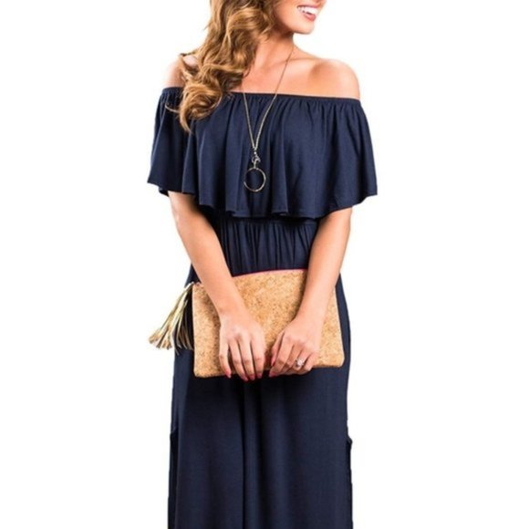 Thanth Dresses & Skirts - THANTH Off Shoulder Ruffle Navy Party Dress